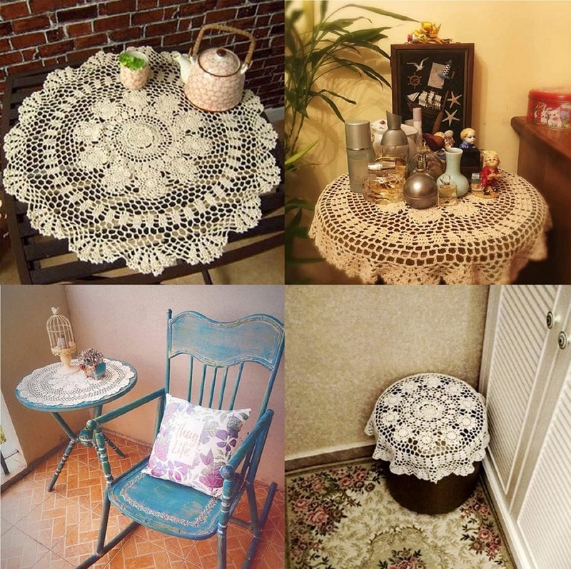 Damanni Beige Cotton Handmade Crochet Lace Tablecloth Doilies Table Overlay,Round,19 Inch,2PCS - Image 2